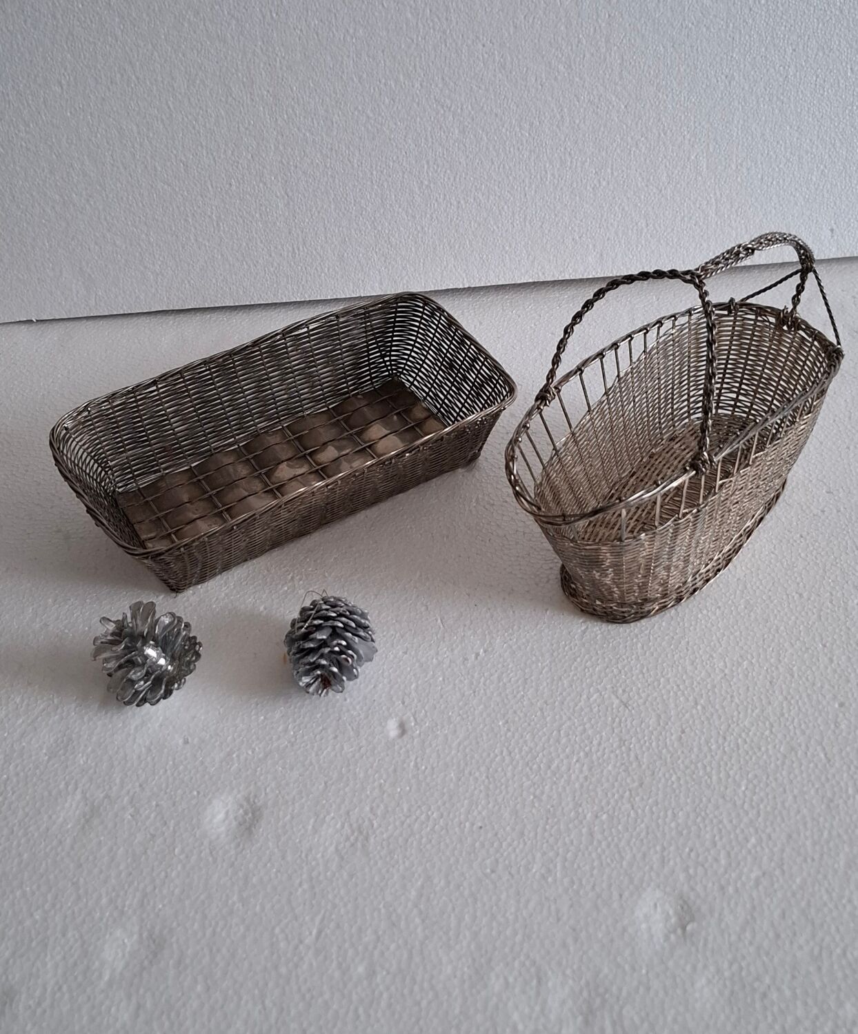 Silver metal basket and bottle holder