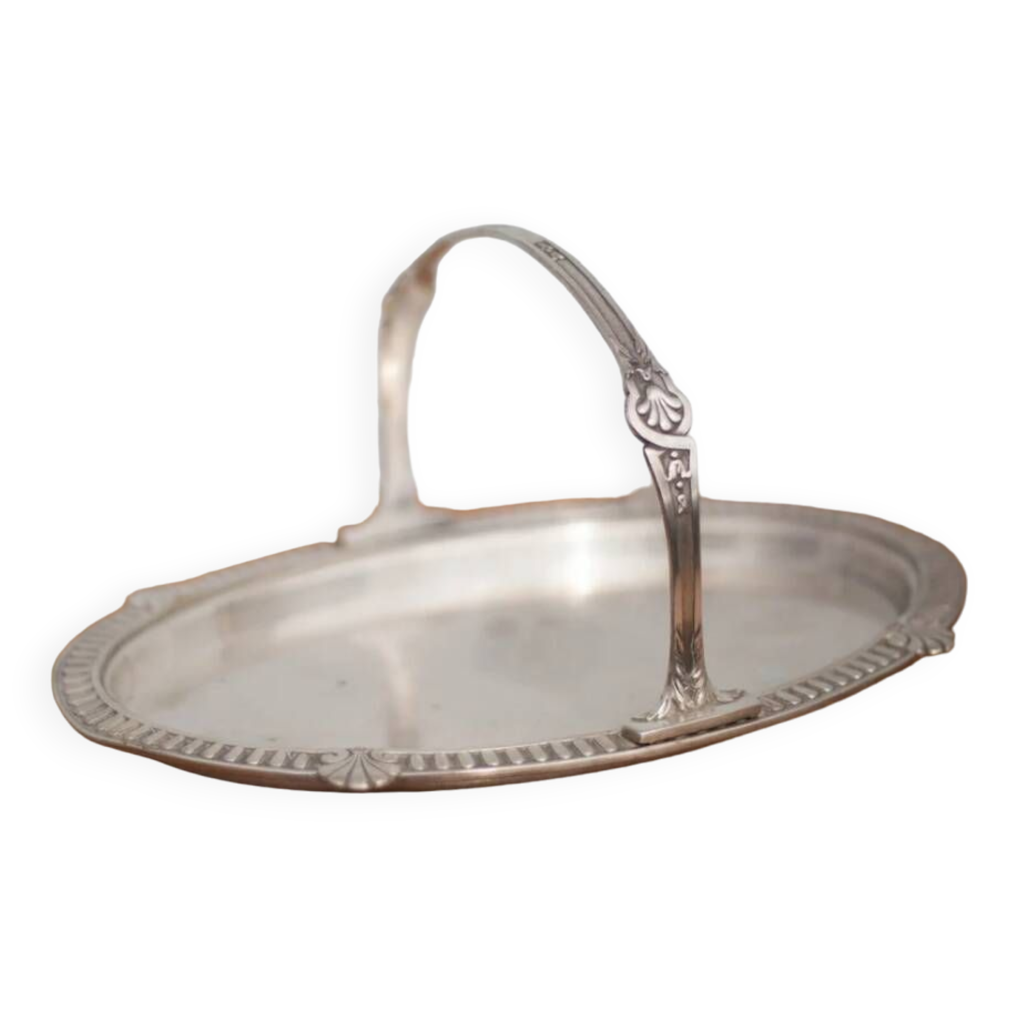 Silver metal dish with handle Hallmark Gallia Christofle shell pattern, centerpiece, tray