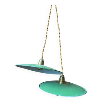 Pair of vintage style green and white enamelled sheet metal pendant lights in gold