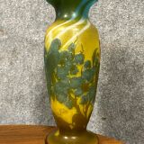 Vase in glass paste with trendy parakeets in a flowery universe signed Gallé