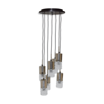 Lustre cascade, 7 suspensions en chrome et verre