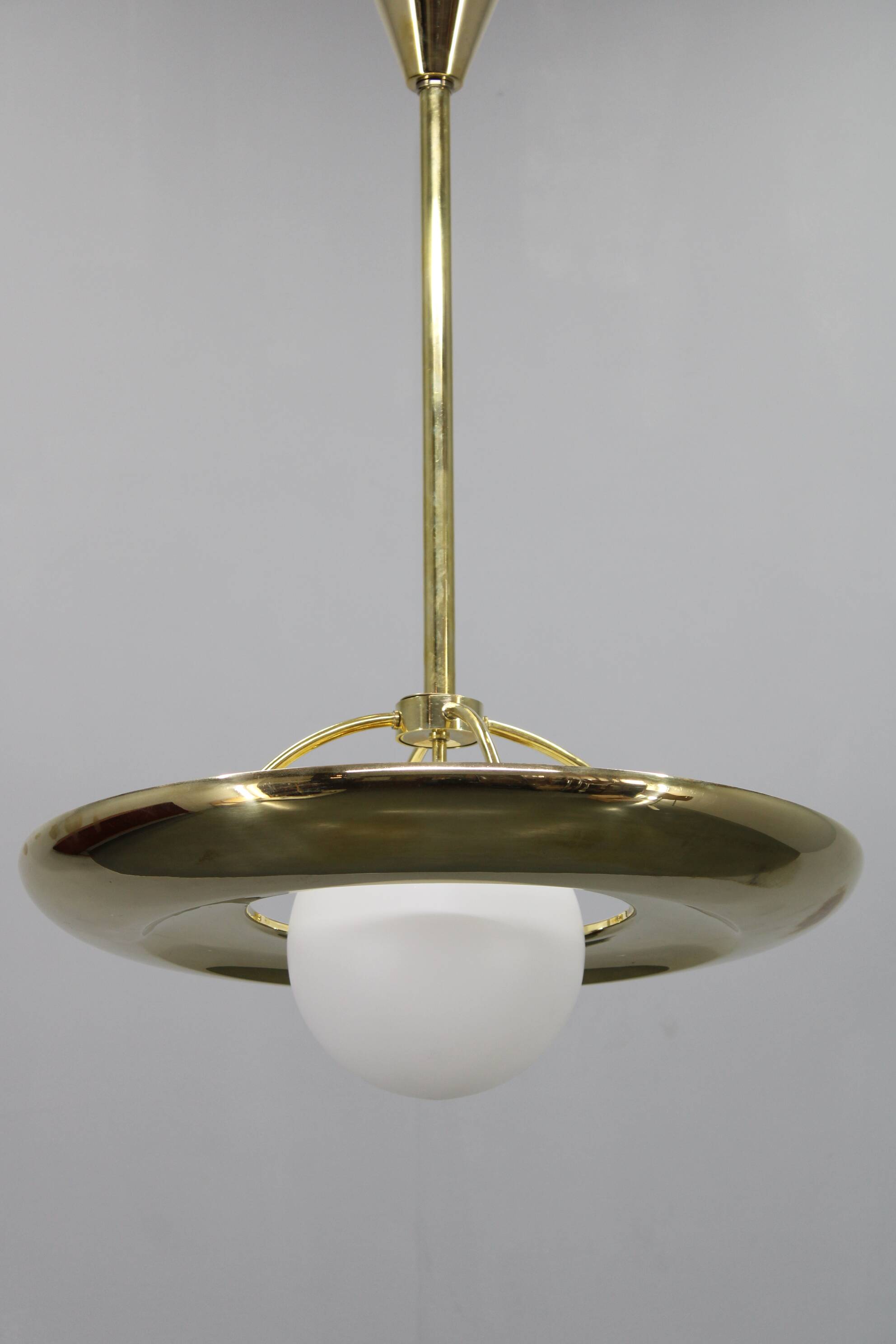 Art Deco brass chandelier with white glass, Czechoslovakia 1930s