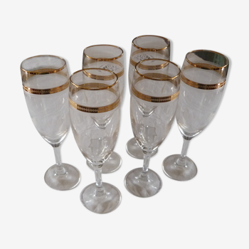 Set of 6 flutes with champagne crystal baccarat filet gold hand engraving