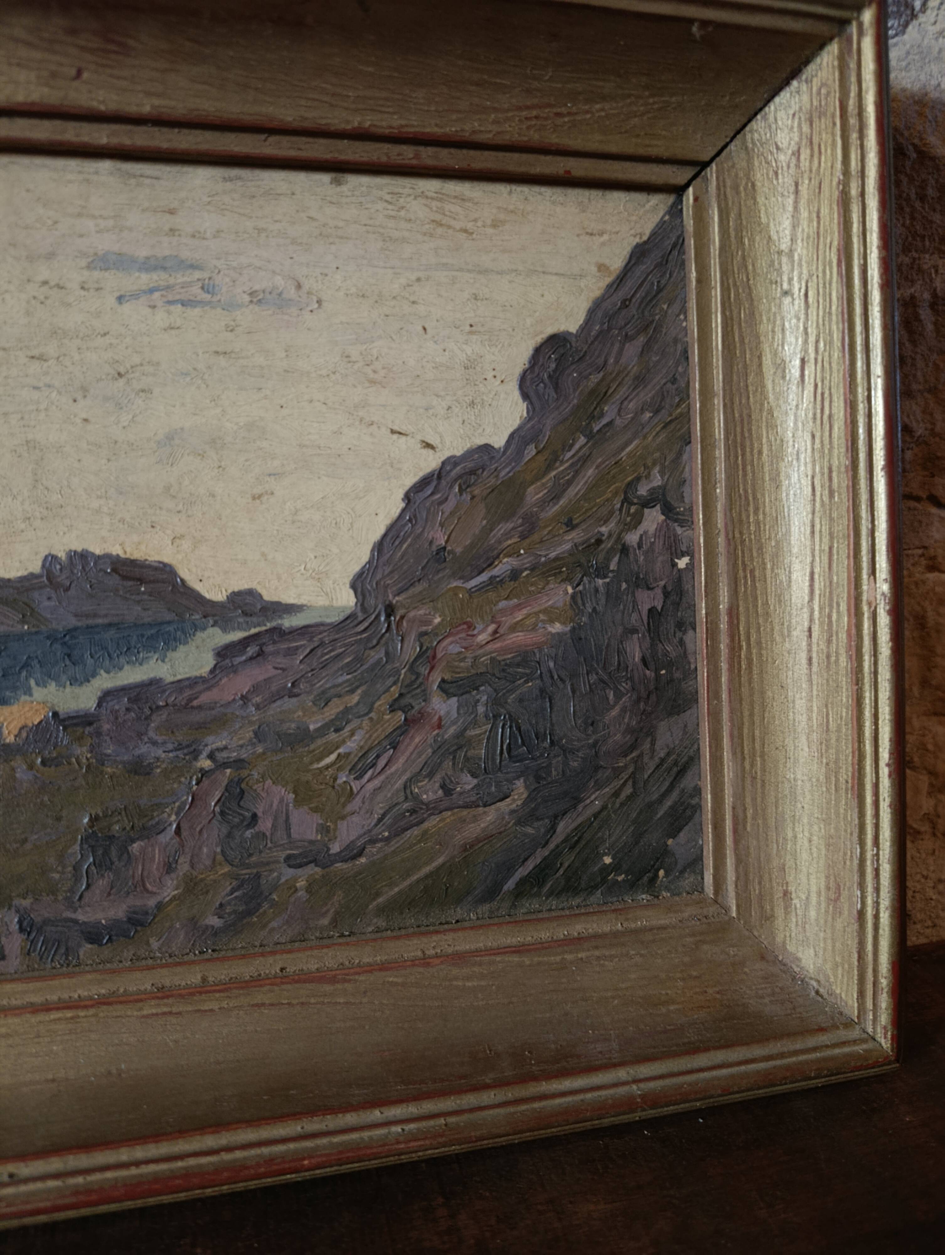 French vintage original oil painting on board, unsigned coastal mountain la