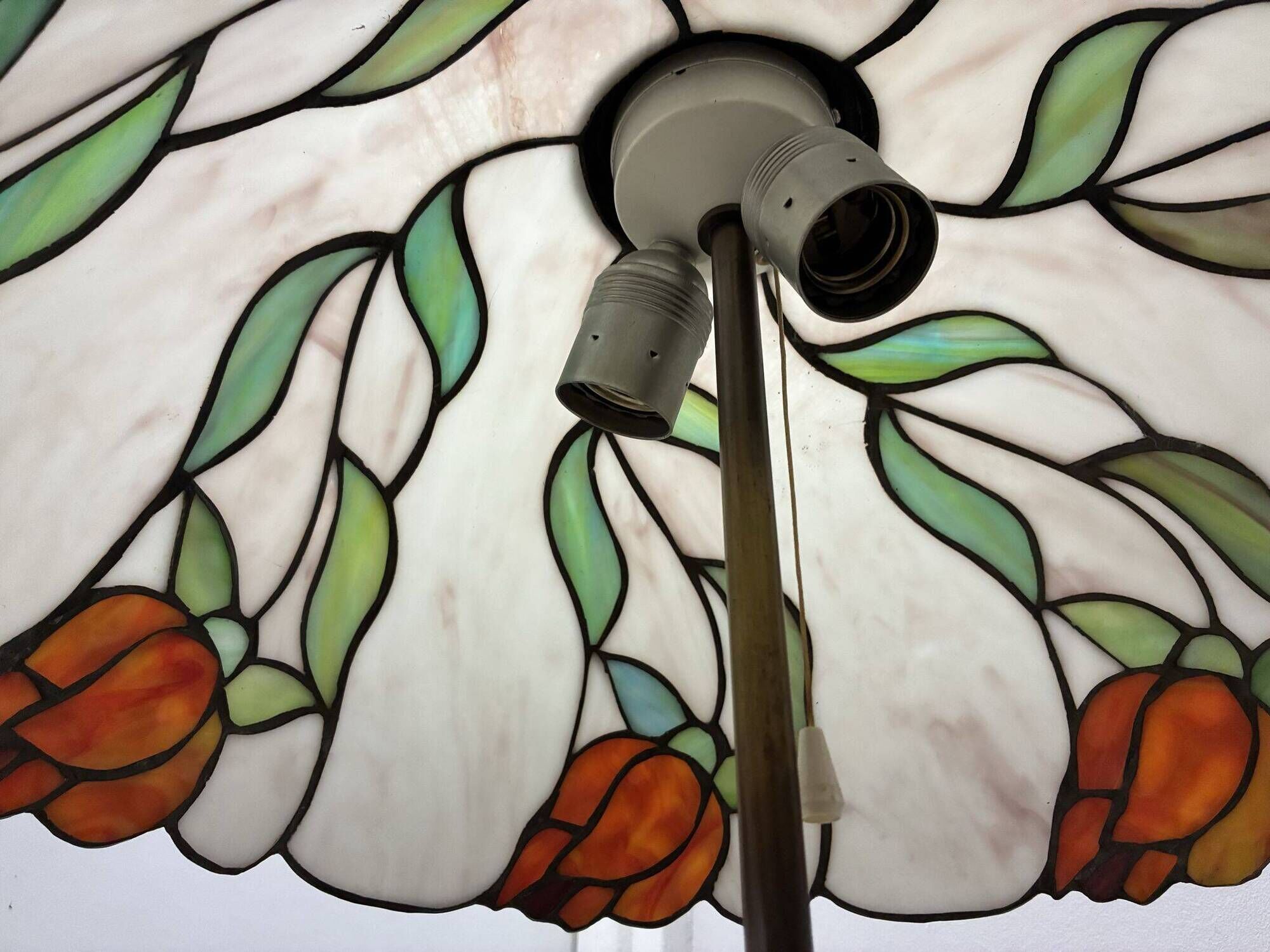 Perenz Tiffany style stained glass table lamp, brass, signed