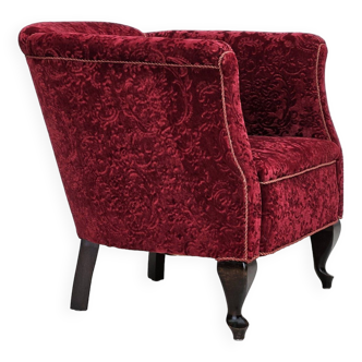 Fauteuil années 1950, vintage danois, tissu coton/laine rouge, bois de hêtre.