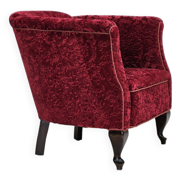 Fauteuil années 1950, vintage danois, tissu coton/laine rouge, bois de hêtre.