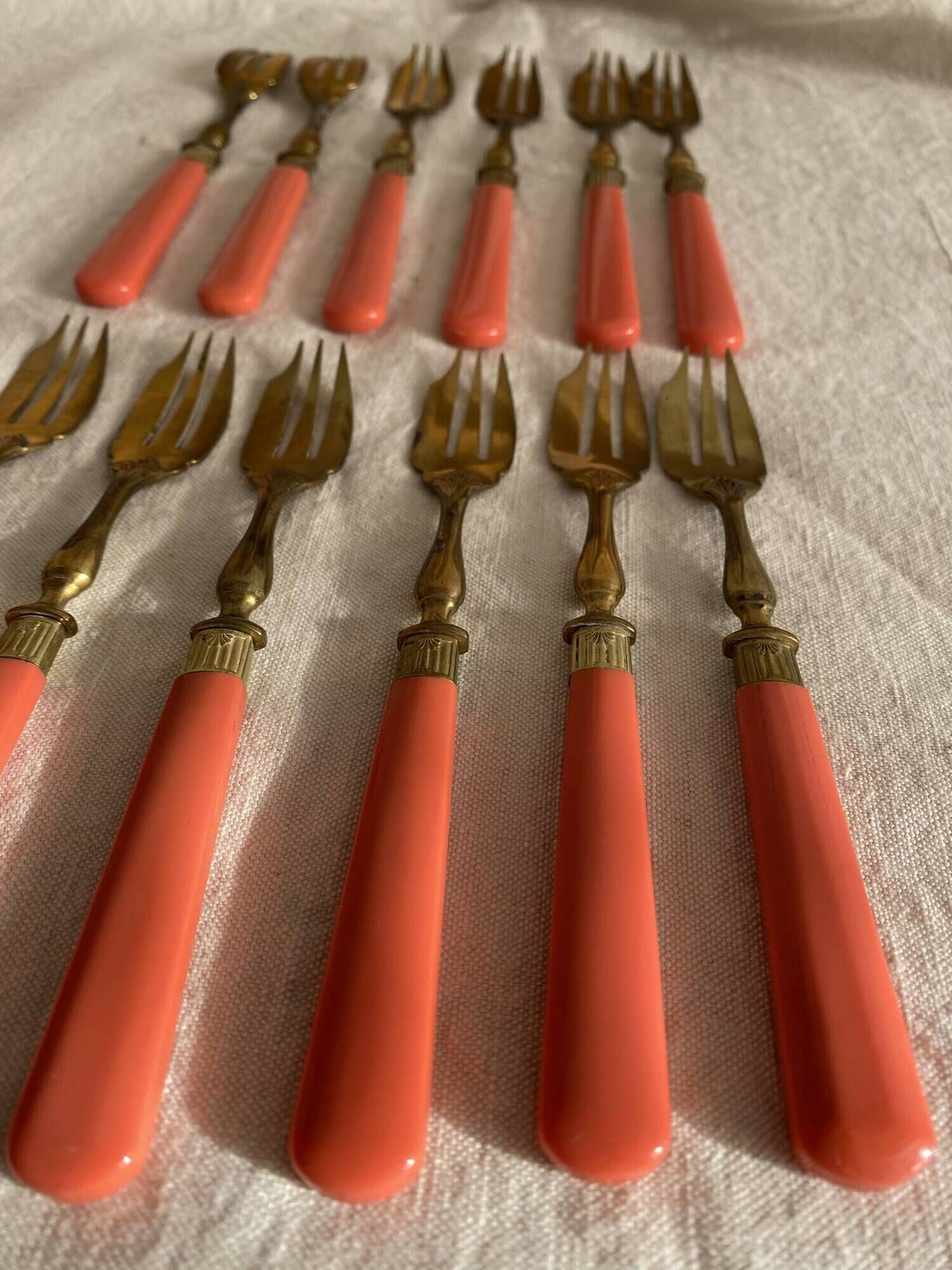 Set of 12 coral and gold dessert forks