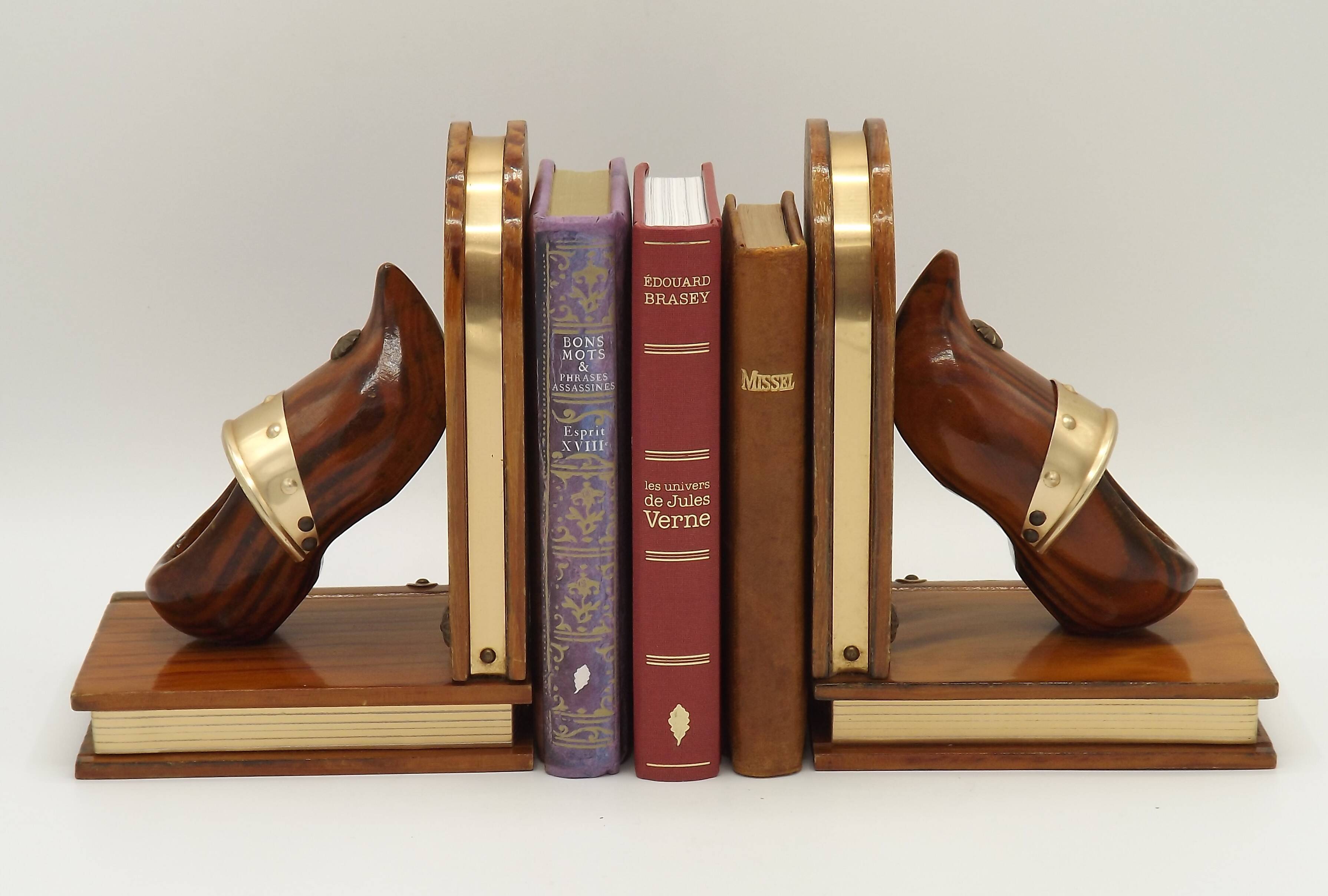 Vintage French Breton wooden bookends hand-carved with book and clog motif.