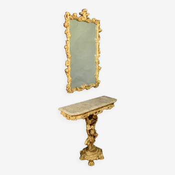 Marble top console and its rocaille style mirror