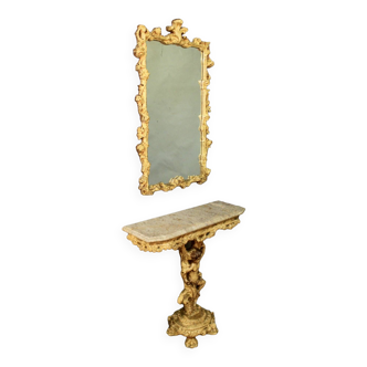 Marble top console and its rocaille style mirror