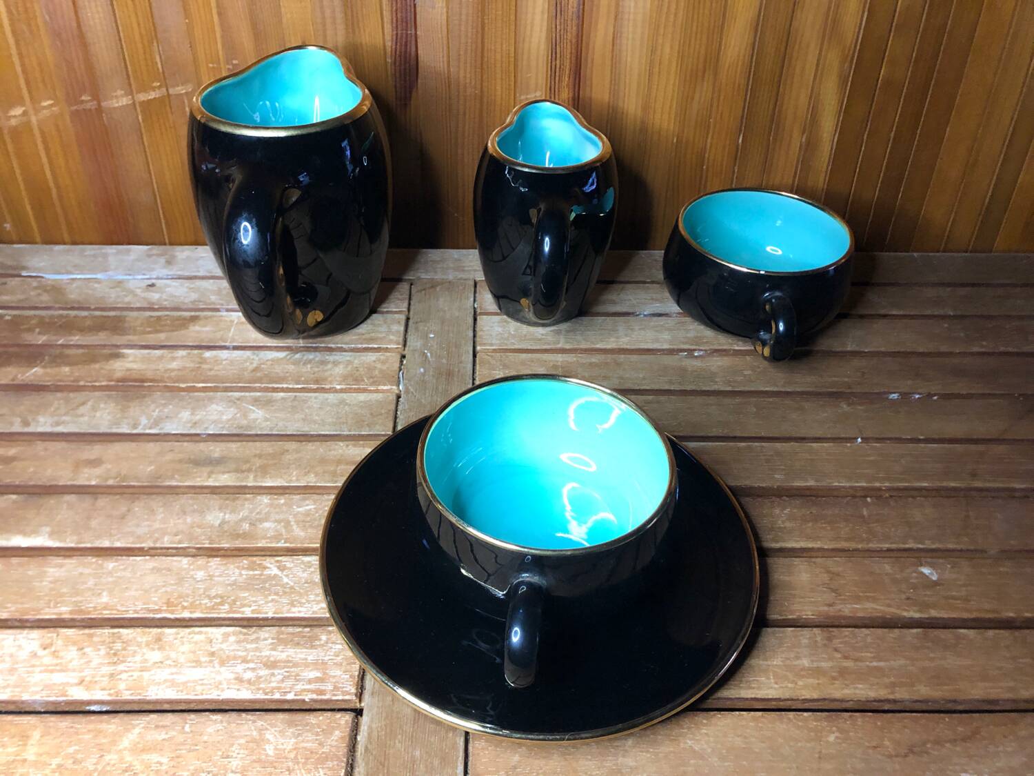 Old magdalith breakfast service black & blue ceramic vintage #a517