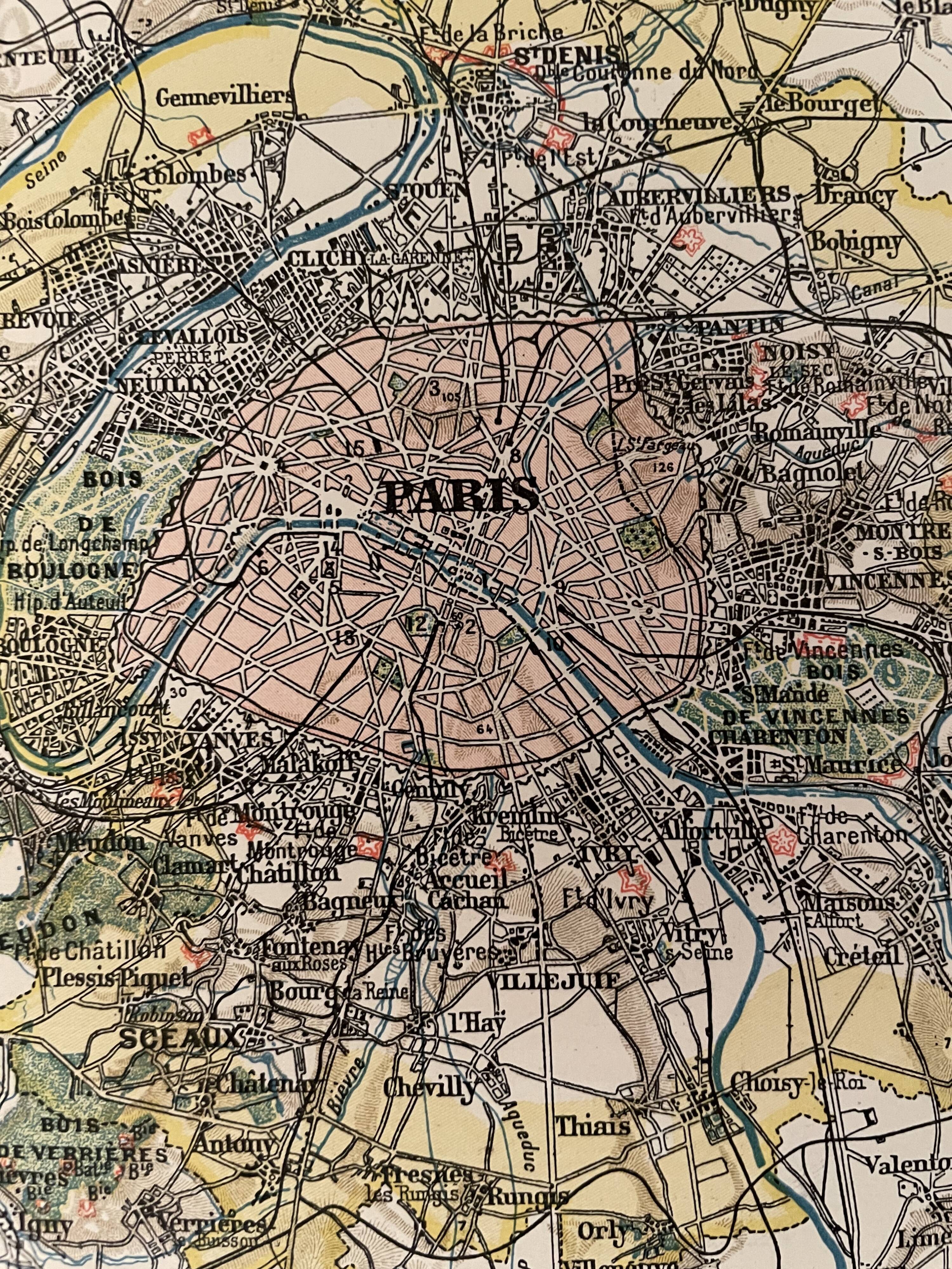 Lithograph engraving map of Paris and its suburbs of 1897