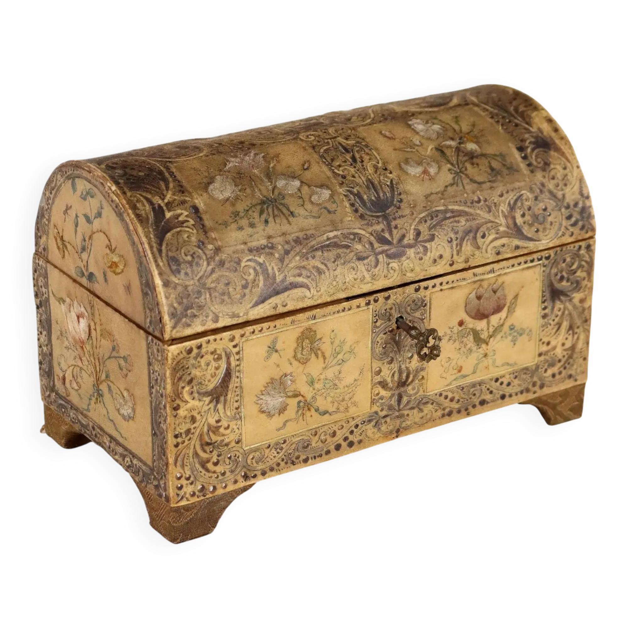 Antique wooden box covered with painted parchment, Italy, 19th-20th century.