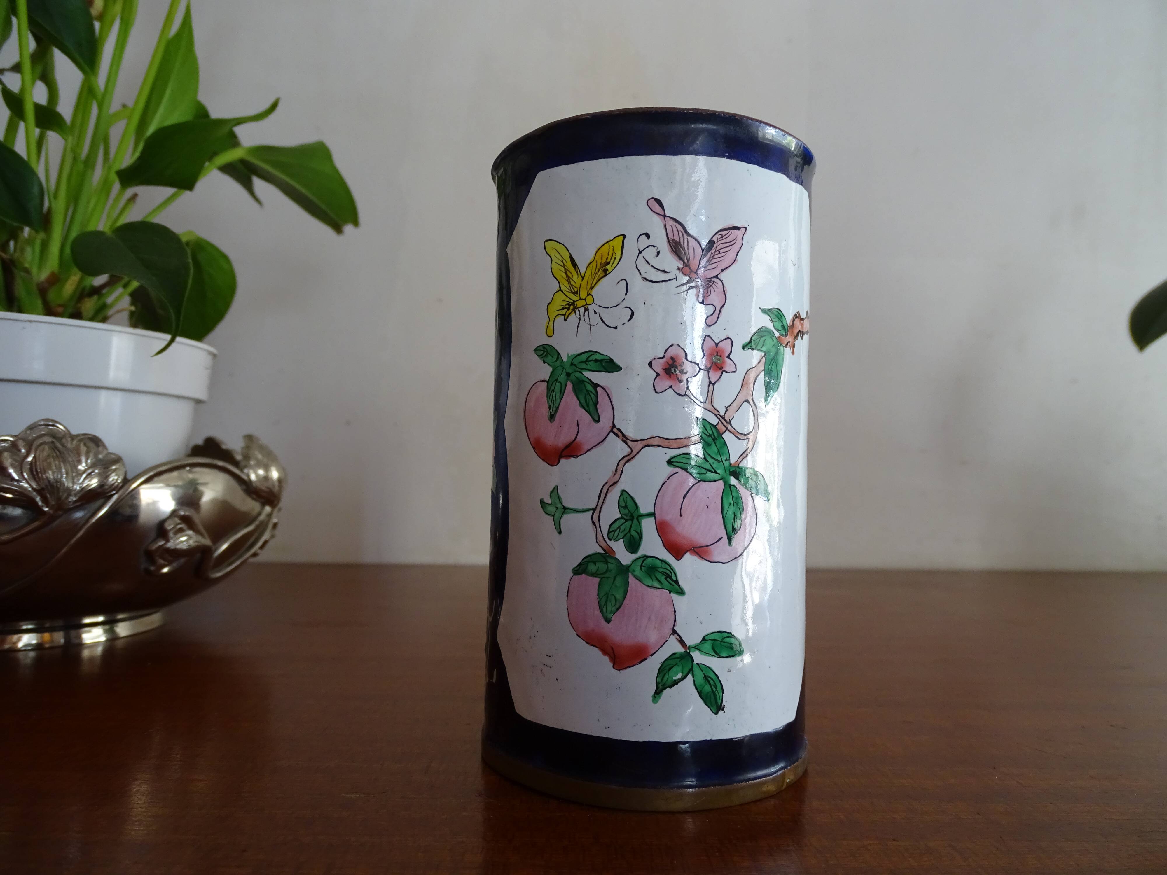 Cloisonné enamel pencil pot on copper