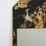 Miroir chinois vintage laqué noir et motifs colorés