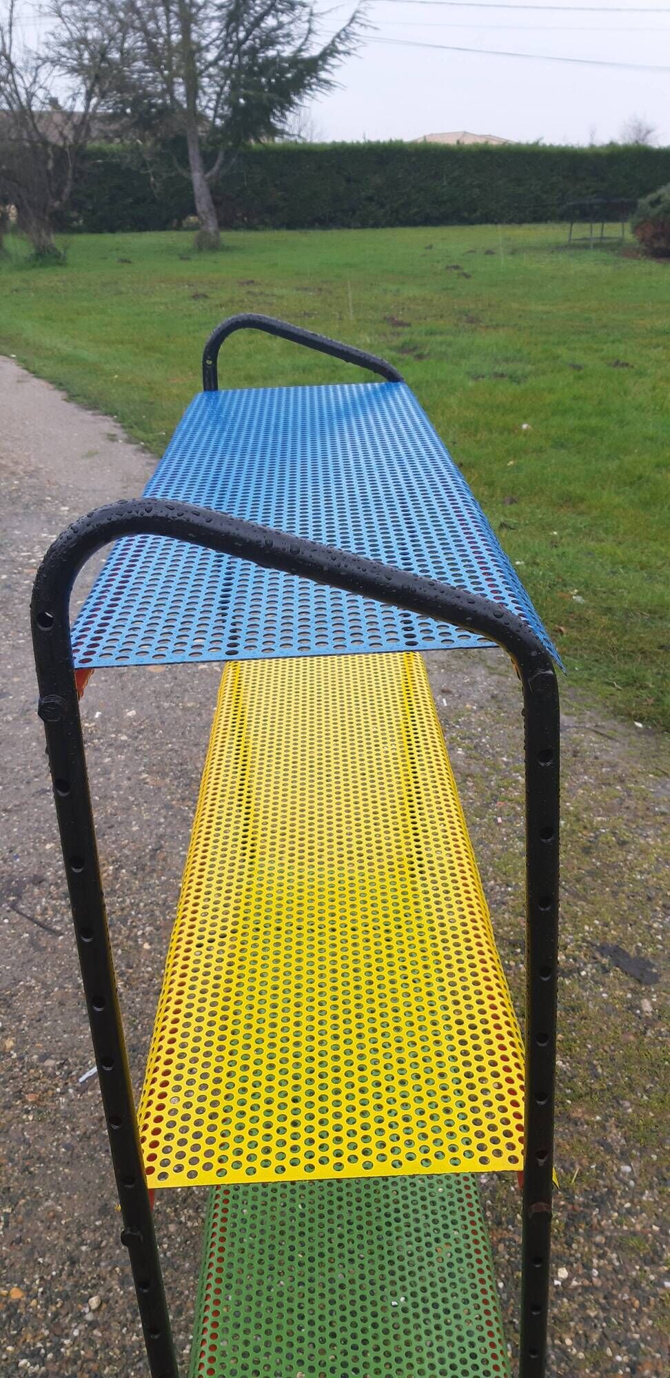 Vintage floor furniture perforated iron and metal
