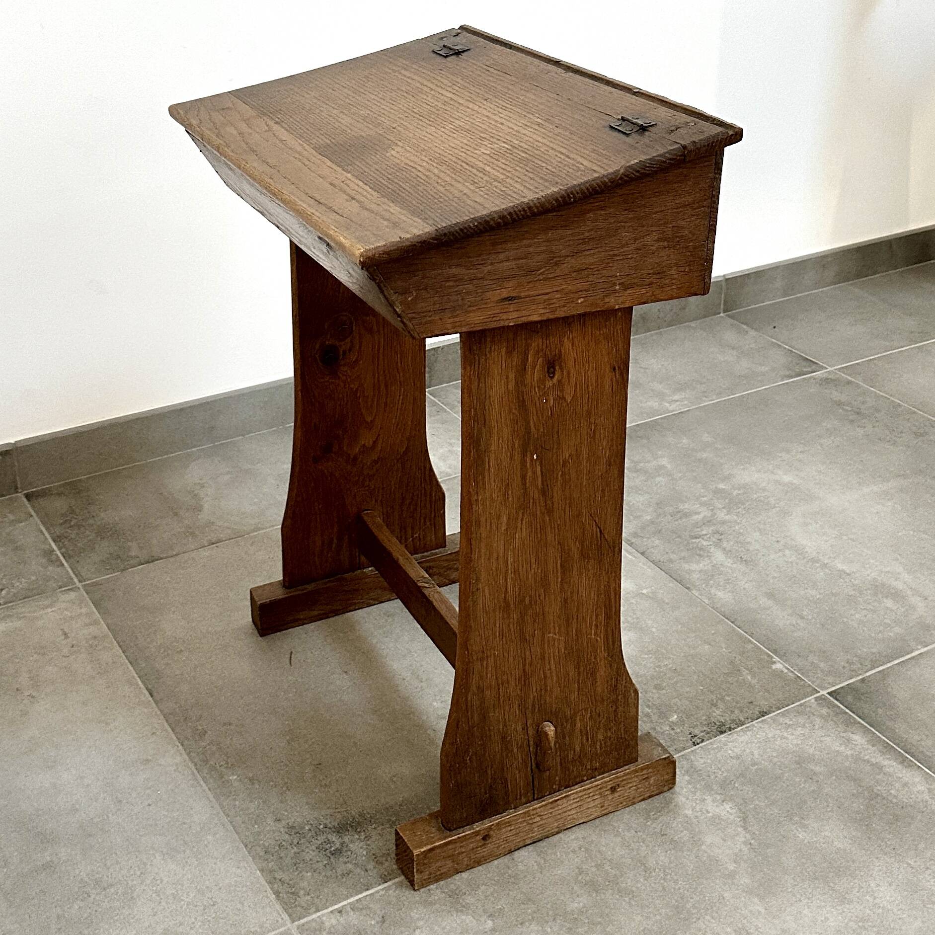 Solid oak school desk - mid-20th century - freestanding bench