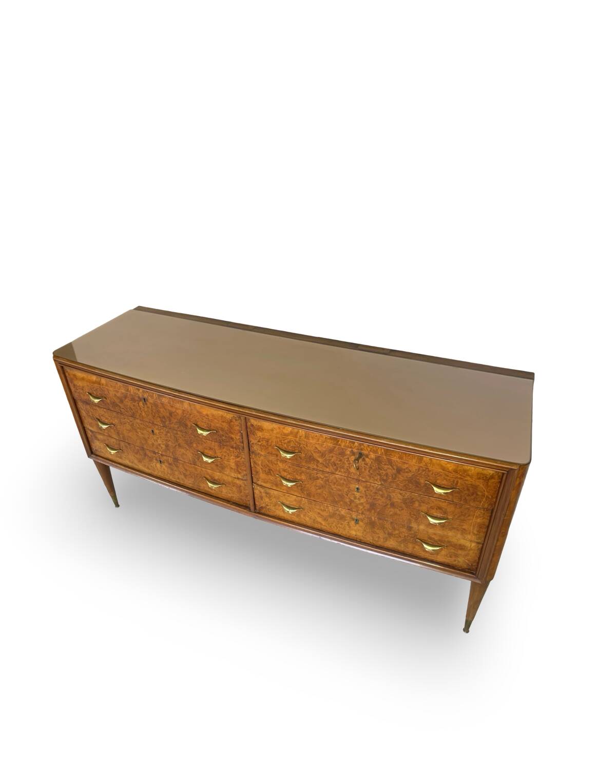 Veneered burl walnut chest of drawers with light warm brown glass top