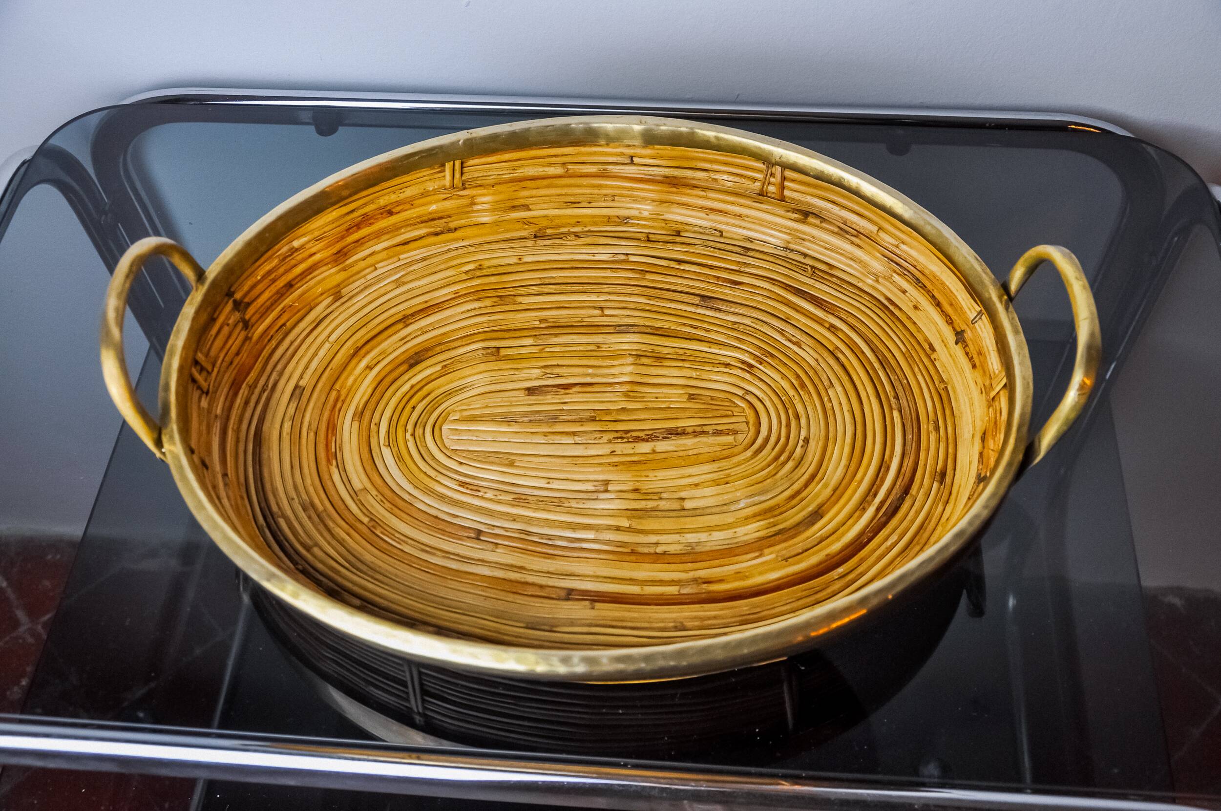 Rattan and brass tray, Italy, 1970