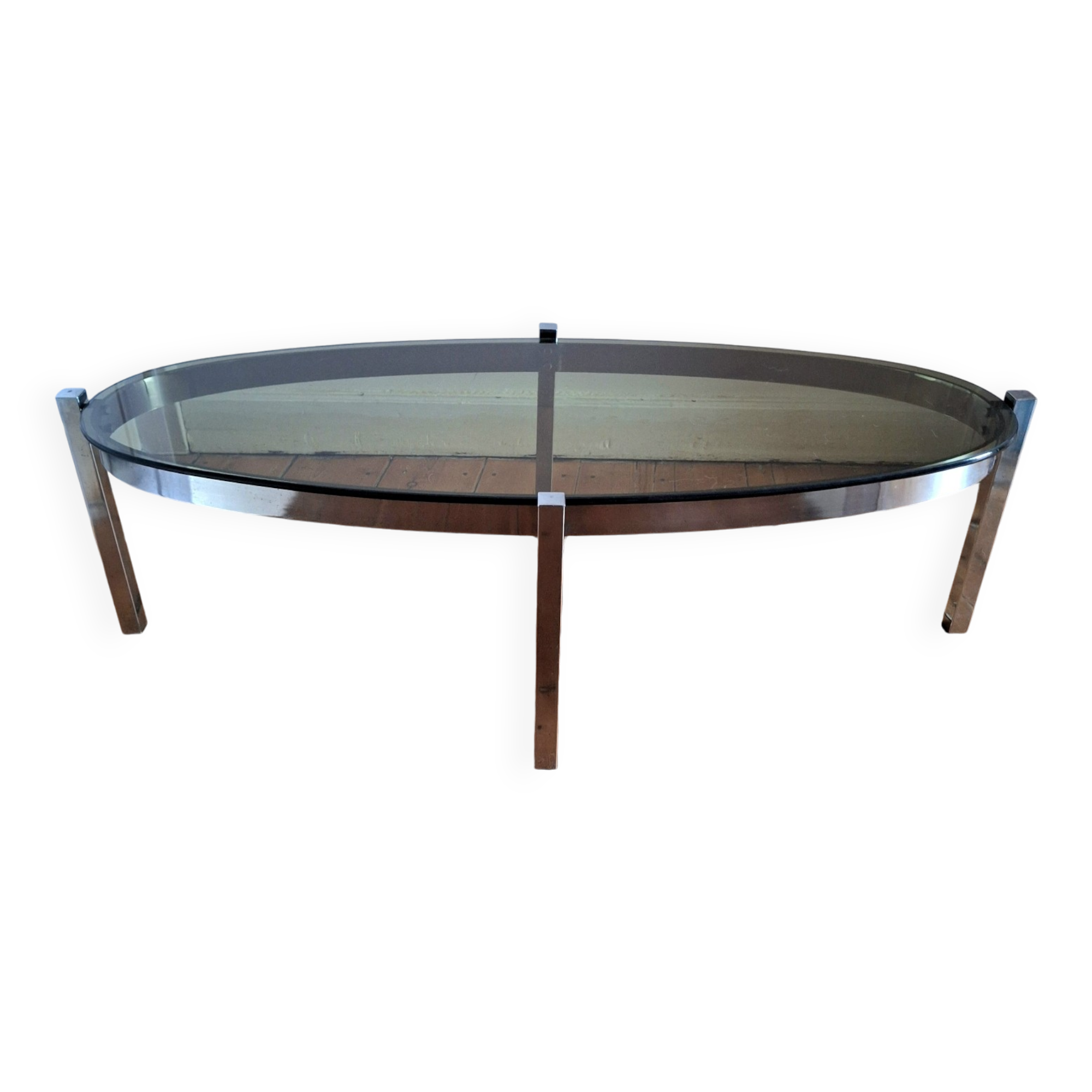 Vintage oval chrome and smoked glass coffee table, antique furniture