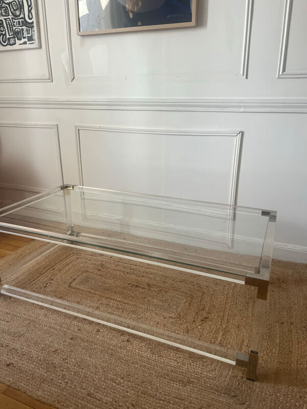 Table basse en verre, plexiglas et laiton Charles Hollis Jones