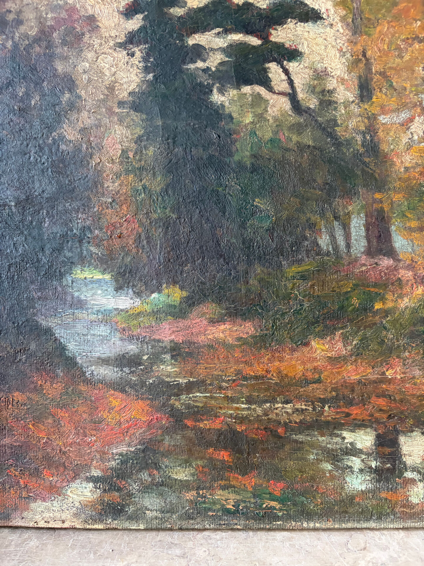 Huile sur toile  "Rivière dans les bois"