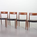 Niels Otto Moller Teak Wooden with Black Leather Dining Chairs, Model 77