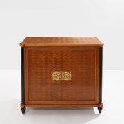 Jules Leleu cherry wood cabinet with marquetry, 2 doors, bronze, 1940.