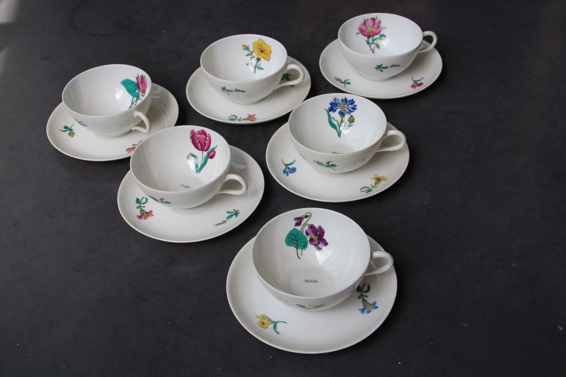 6 cups and sub-cups NBD Limoges illuminated by hand, floral patterns