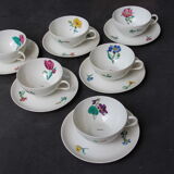 6 cups and sub-cups NBD Limoges illuminated by hand, floral patterns