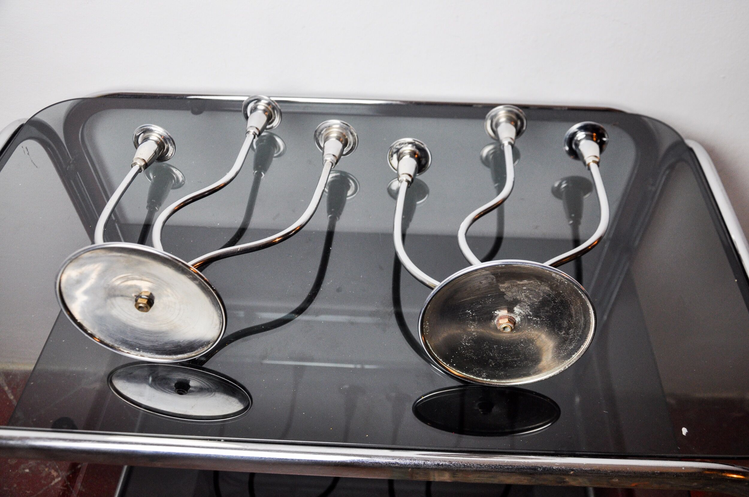 Pair of art deco candlesticks in stainless steel 3 flames, Spain, 1970