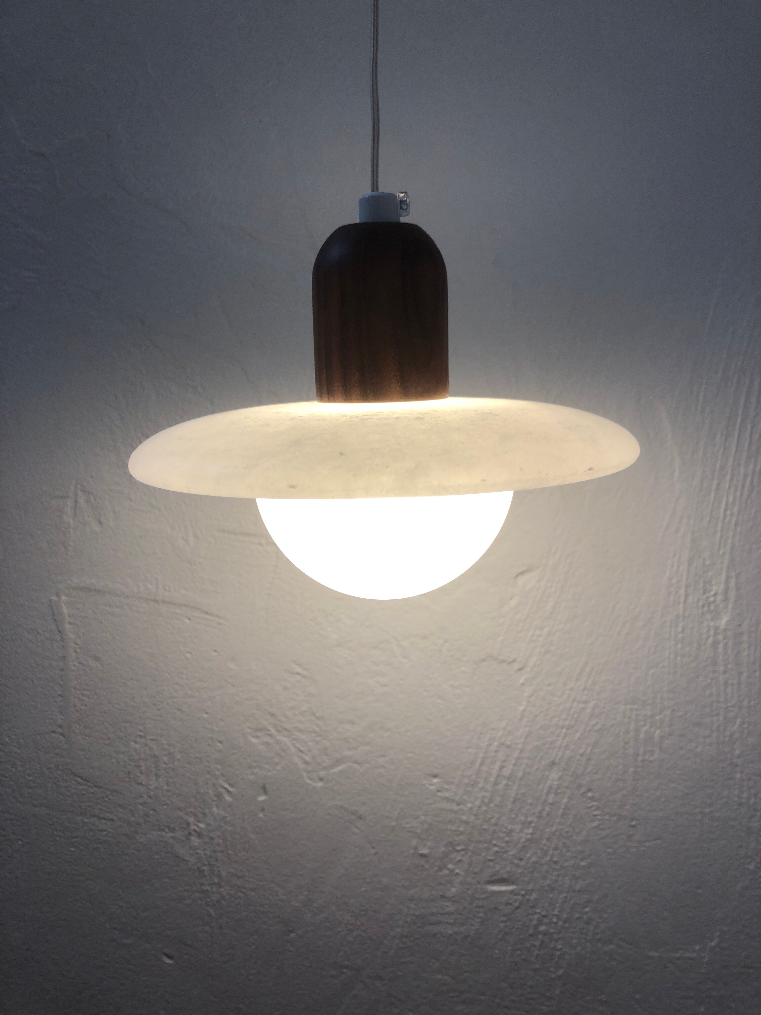 Pair of onyx and walnut suspended light fixtures