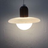Pair of onyx and walnut suspended light fixtures