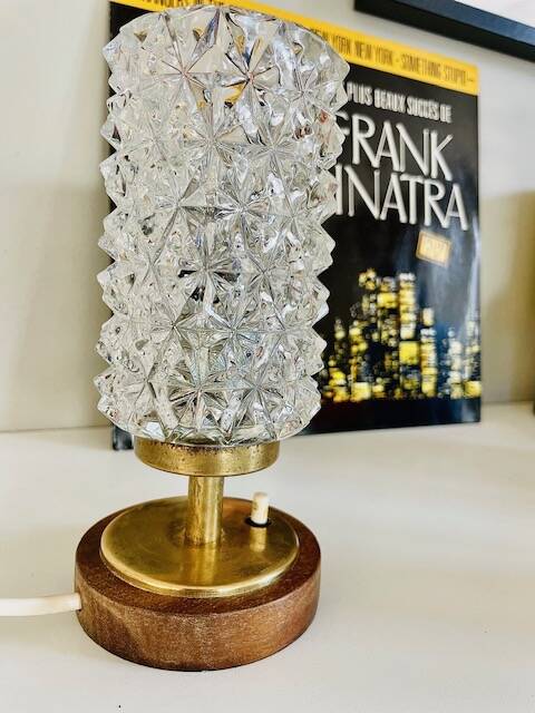 Vintage Mid-Century Scandinavian lamp in wood, brass, and pressed glass with spikes.