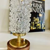 Vintage Mid-Century Scandinavian lamp in wood, brass, and pressed glass with spikes.