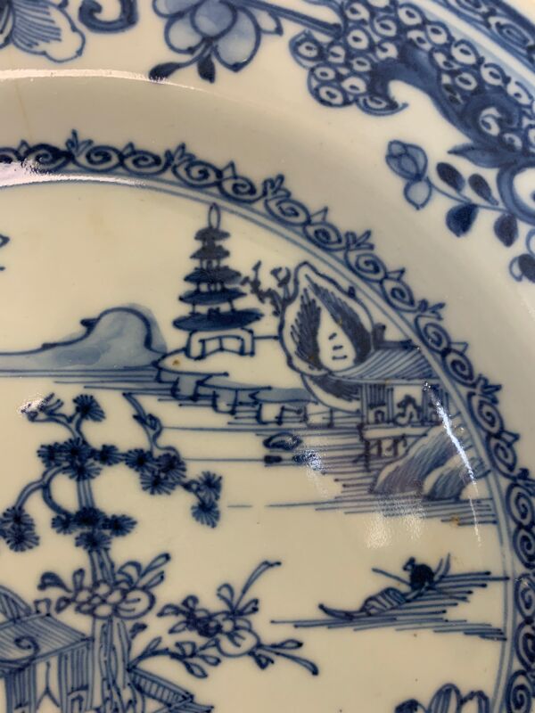 Assiette chinoise inspiré de la compagnie des indes famille blanc bleu fin du xixème siècle