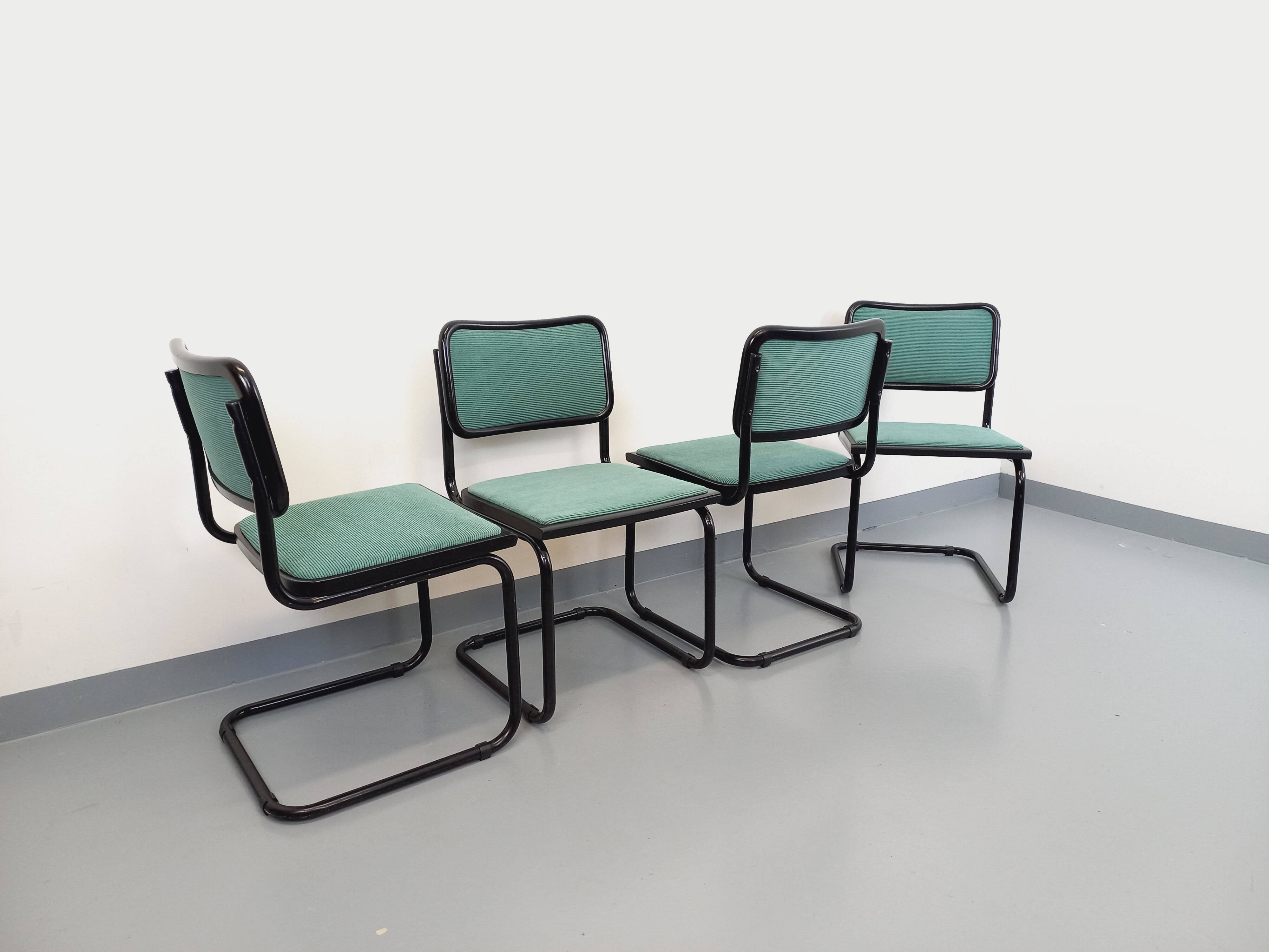 Set of 4 vintage Marcel Breuer Cesca B32 Bauhaus style chairs in black metal, black wood and v fabric