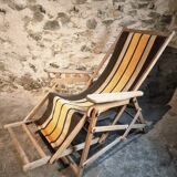 Vintage French folding lounge chair – 1950s/60s in beech with striped canvas, adjustable recliner