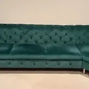 Emerald green velvet Chesterfield corner sofa, 6 seats