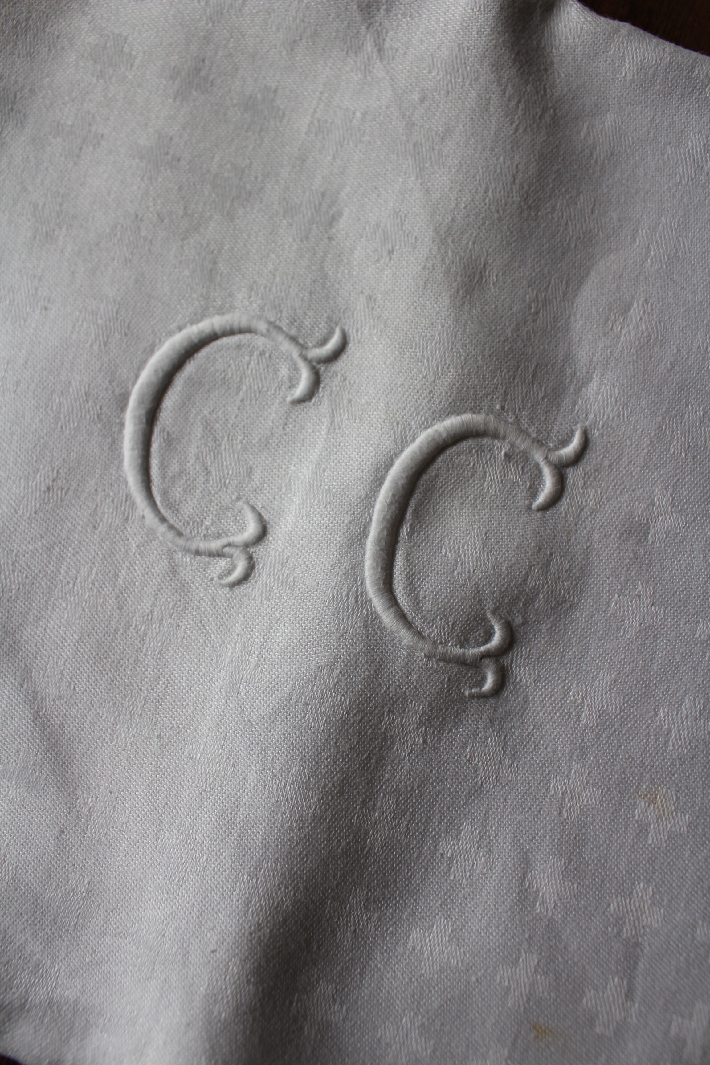 Pair Antique damask napkins white Monograms C C