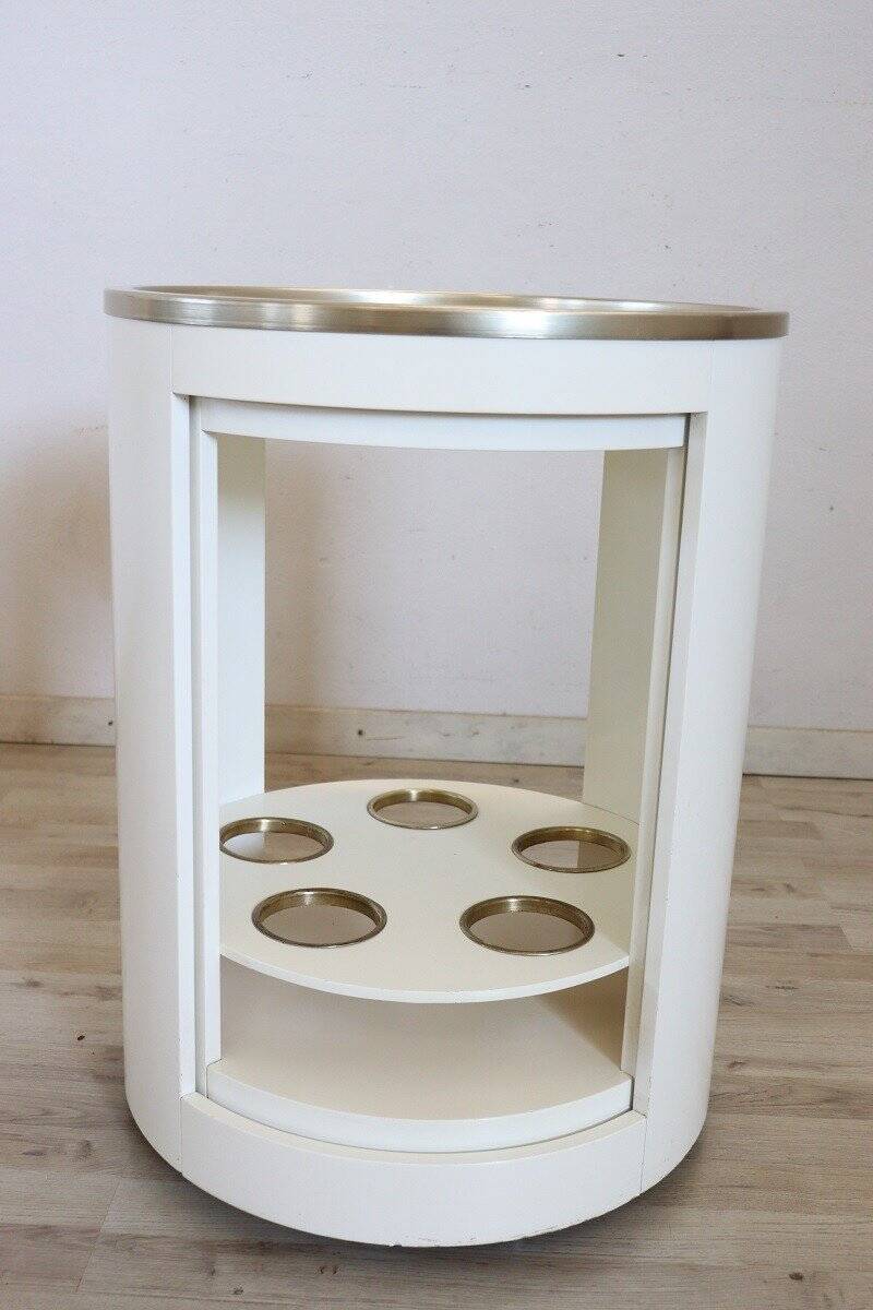 Space Age White Bar Cart On Wheels With Sliding Door, 1960s