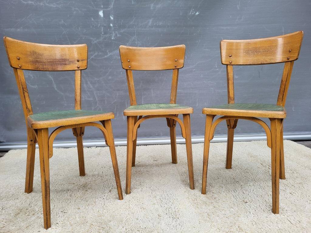 Trio chaises bistrot Baumann 1950 simili vert chiné
