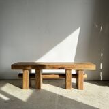 Solid wood bench with openwork base crossed by a cylinder - Mango wood