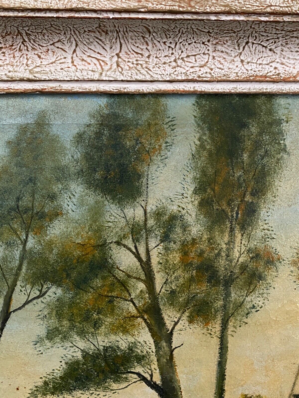 Oil on canvas by A. Biron XXth landscape by the river thatched cottage