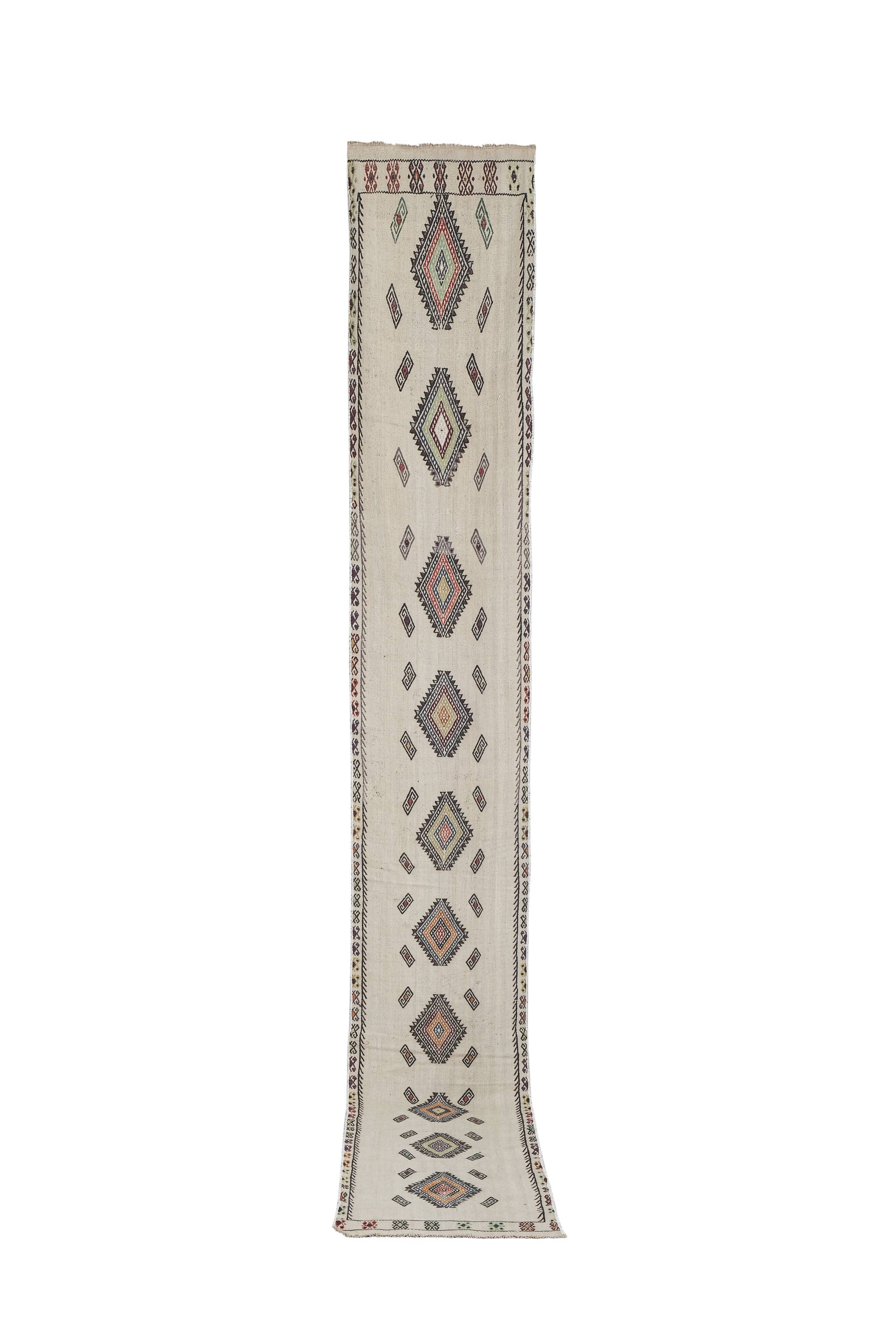 Mid Century Turkish Long Kilim Runner with Modern Design 1'11'' x 13'8''