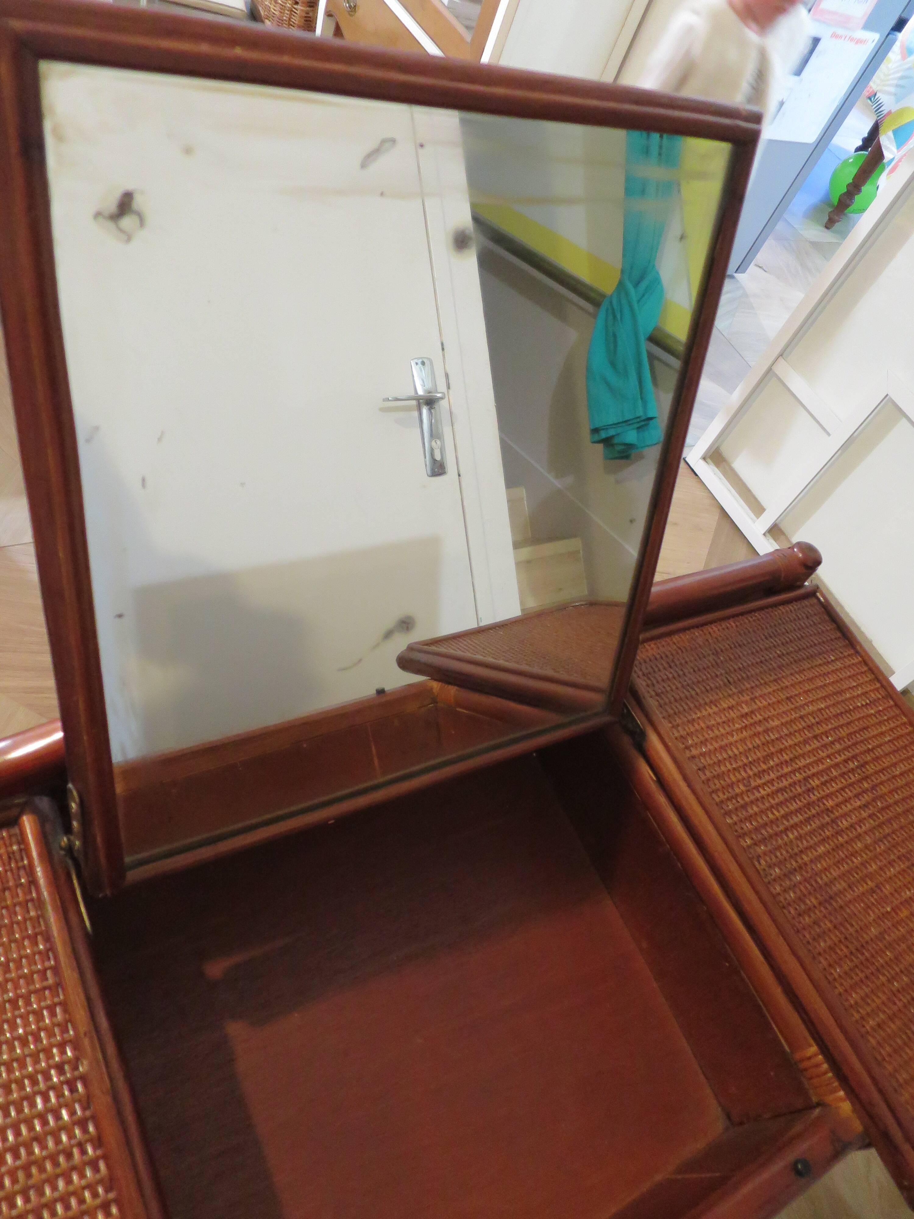 Vintage dressing table/chest - woven rattan - 5 drawers - mirror - 1960s/70s