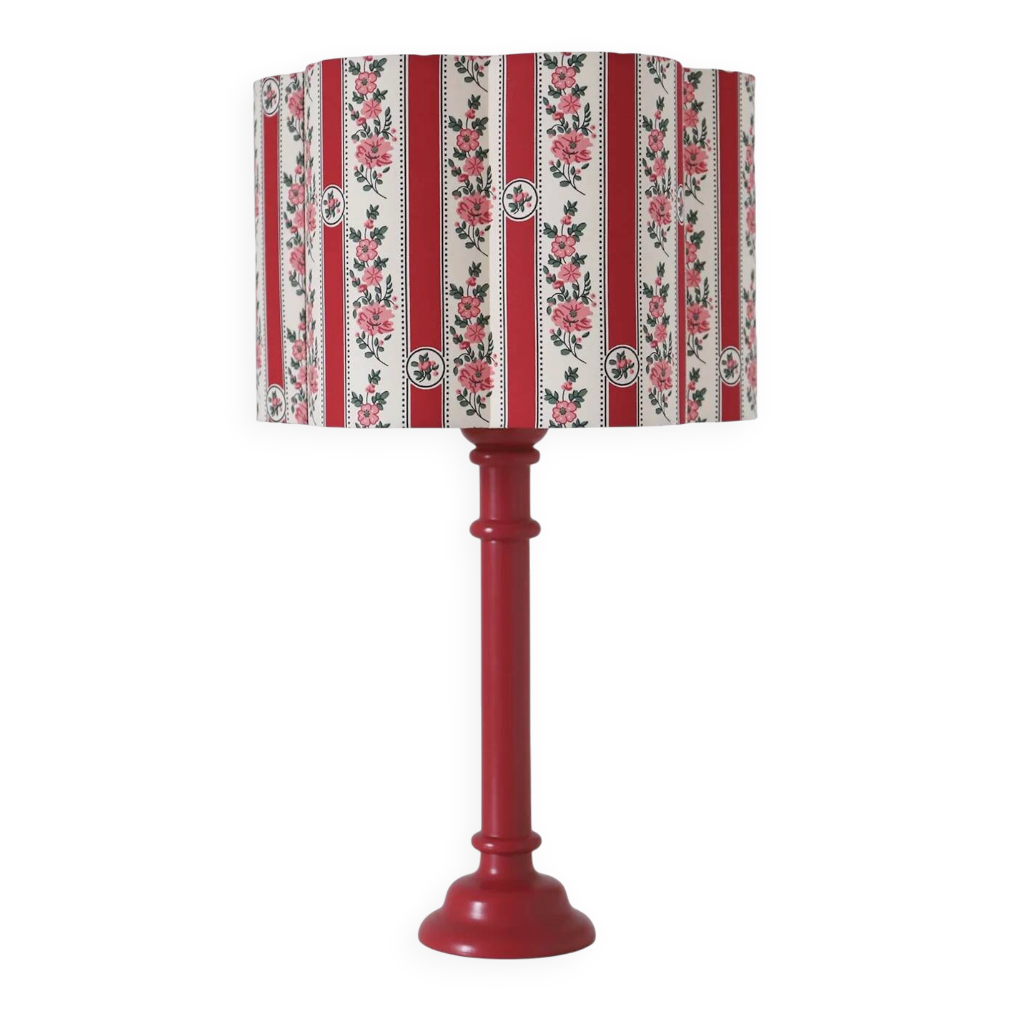Recycled vintage lamp — turned red wooden base, floral shade