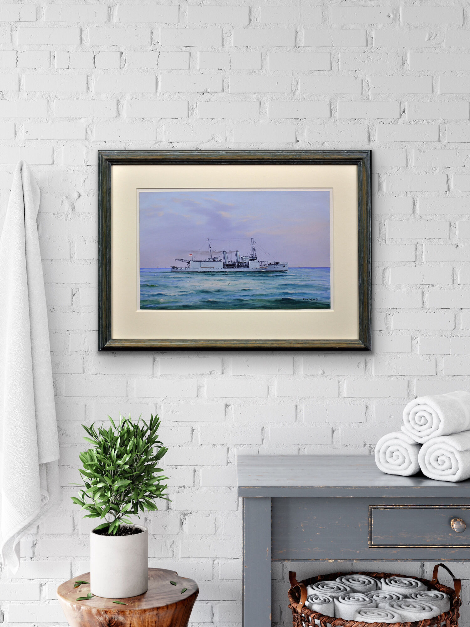 Vincenzo D’esposito 1886-1946. HMS Nairana Royal Navy Seaplane Carrier. Framed Gouache.