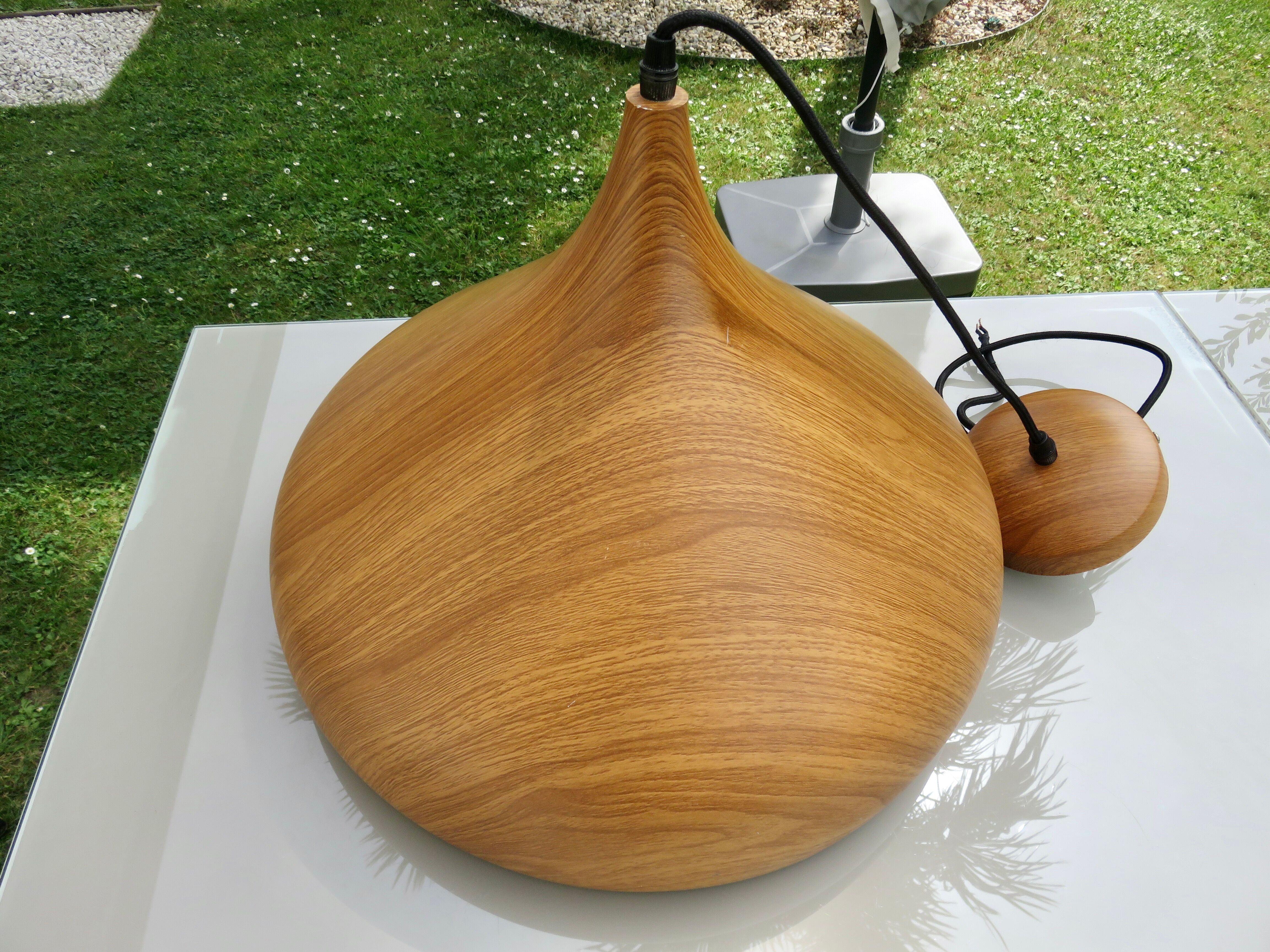 Scandinavian metal pendant light with a faux wood finish, 1980s.